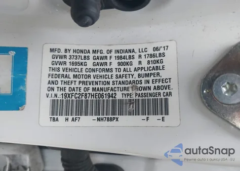 2017 Honda Civic Ex z USA, uszkodzony, nr VIN 19XFC2F87HE061942